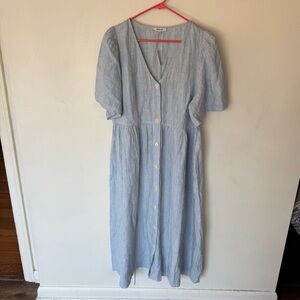 Madewell blue linen striped short sleeve button front midi dress size XL NEW!